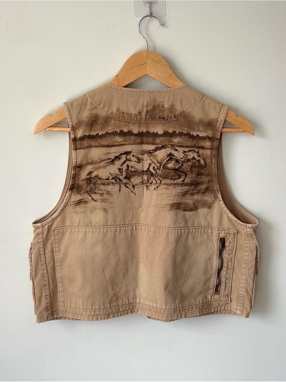 Vintage Ralph Lauren Utility Vest Size L Khaki Equestrian Horse Scene Cargo